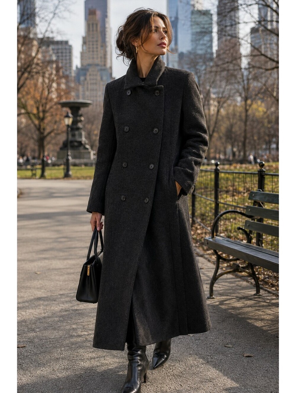 Vintage Pavillion Petite 100% Wool Long Coat Charcoal Double Breasted USA 46"